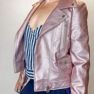 Pink Metallic Faux Leather Cropped Moto Jacket M